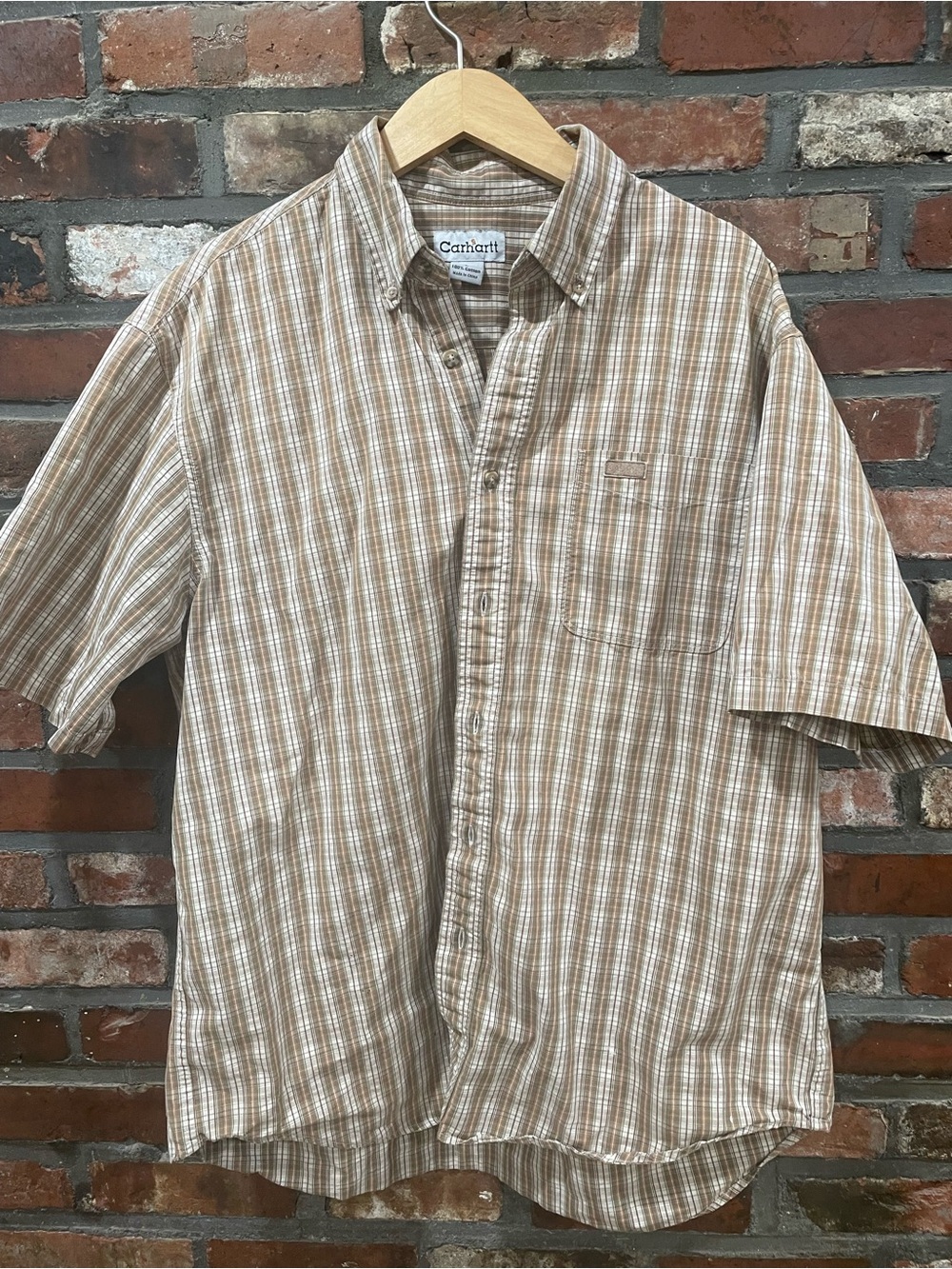 Carhartt Men’s Tan and White Plaid Short-Sleeve Button-Down Shirt